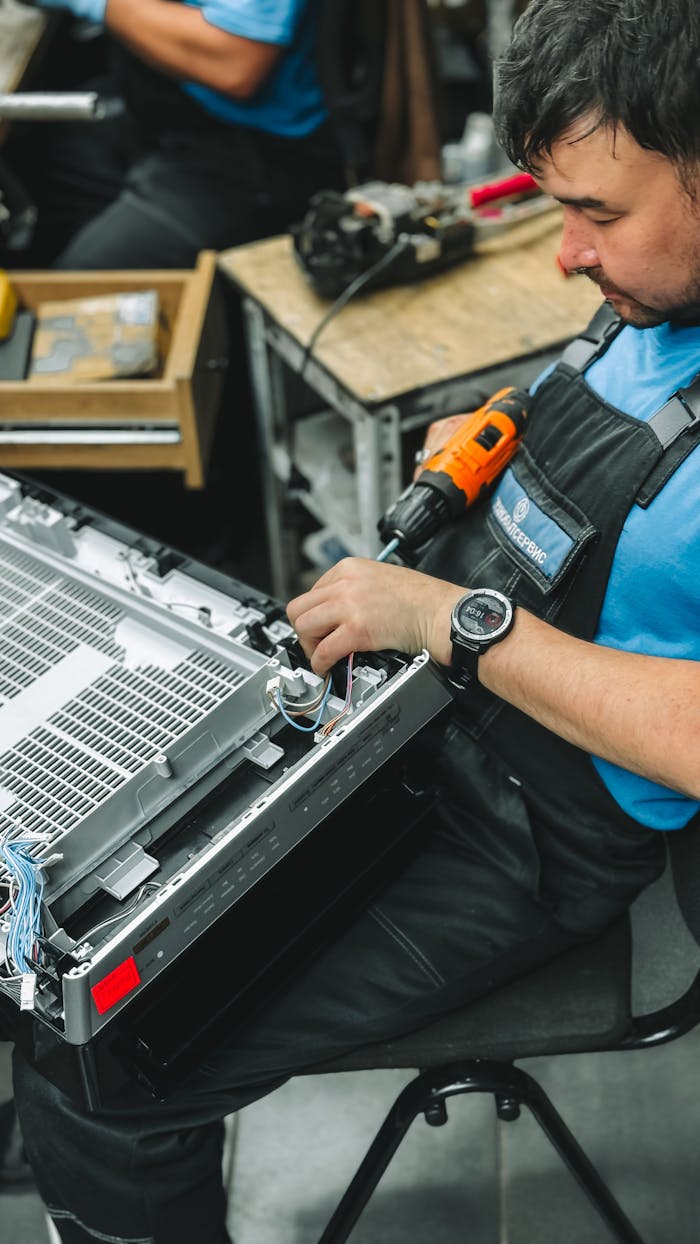 Focused technician working with tools on electronic equipment in indoor workshop setting.